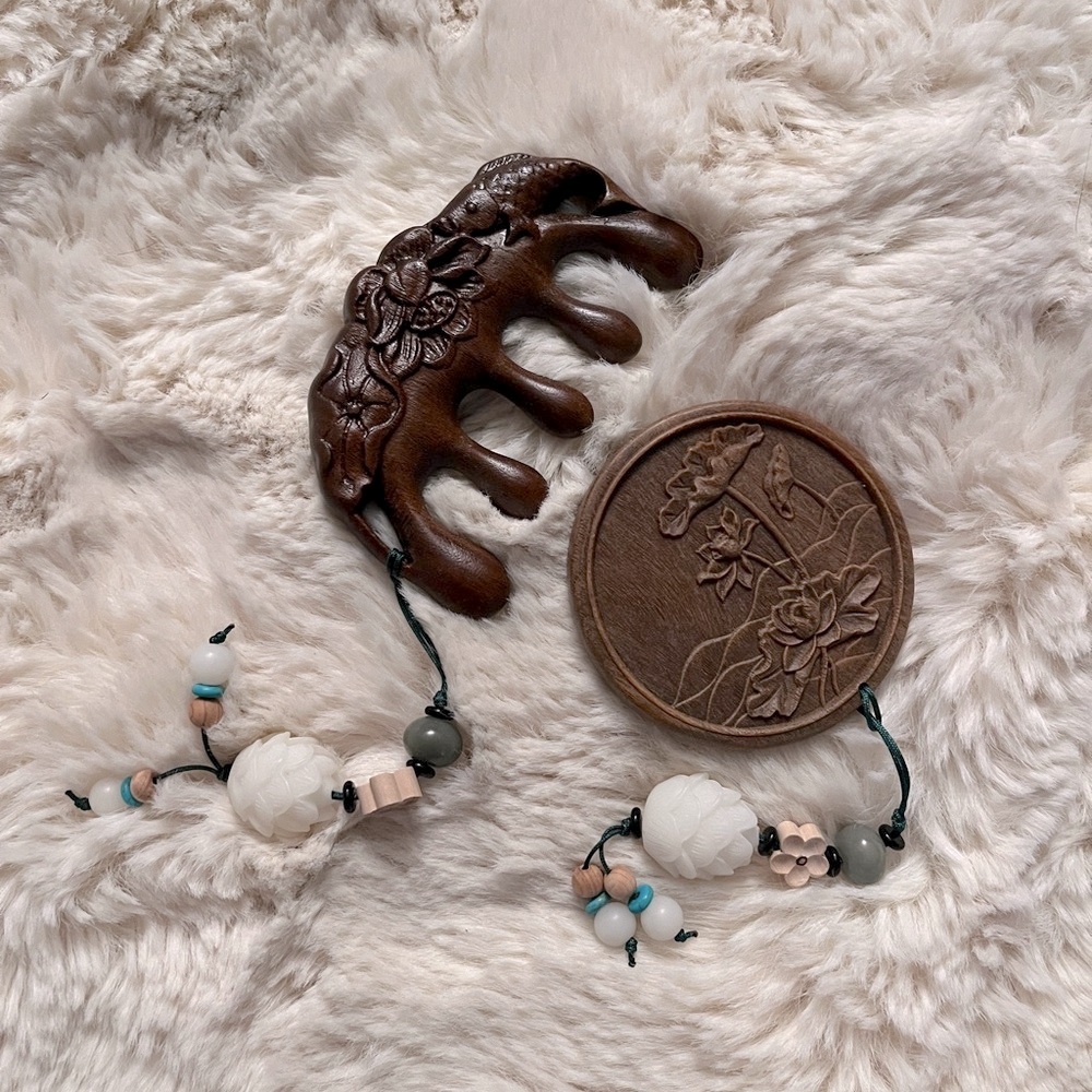 Carved Wooden Hair Comb and Mirror Set